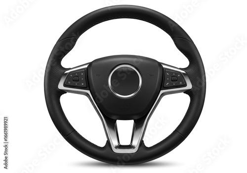 Black and Silver Modern Car Steering Wheel with Integrated Control Buttons