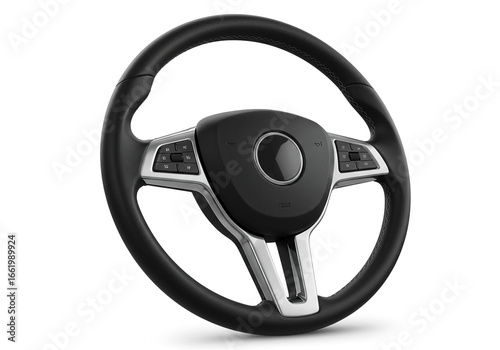 Modern Black Car Steering Wheel with Silver Accents and Integrated Control Buttons