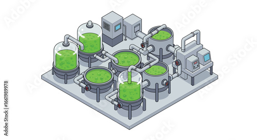 Isometric biofuel production facility with tanks and pipelines