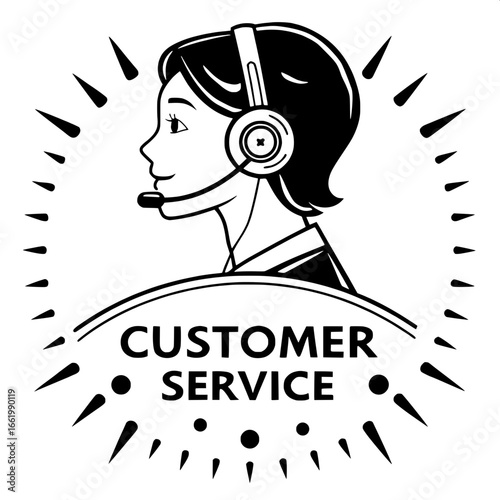 "Vector graphic of a call agent wearing headset, half-turn profile, speech indicated by radiating marks, minimalist style, centered alignment with bold 'CUSTOMER SERVICE' text below, black on white on