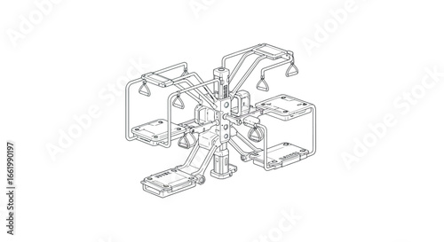 Complex mechanical device in detailed technical line drawing