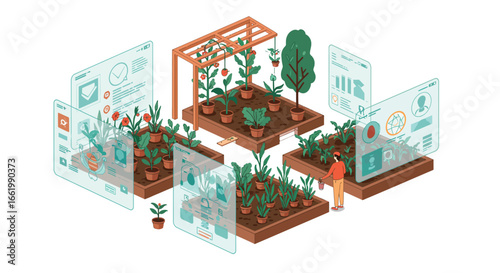 Isometric smart garden with digital data panels