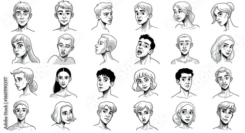 Diverse expressions and emotions in black and white character art