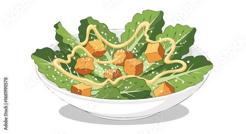 Artistic illustration of a caesar salad with vibrant greens, croutons, and dressing in a clean white bowl, conveying freshness and simple elegance
