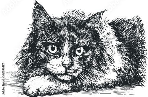 Detailed pen and ink sketch of a fluffy cat lying down with intense eyes
