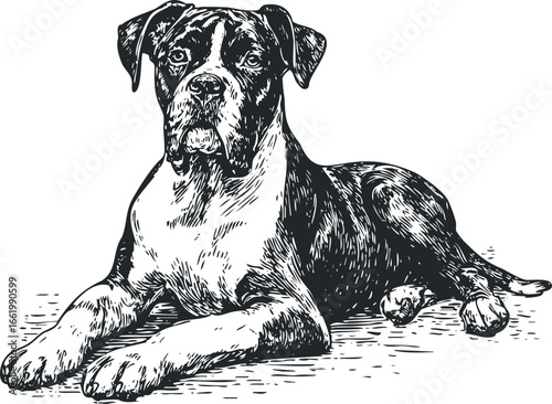 Black and white sketch of a boxer dog resting on a textured surface