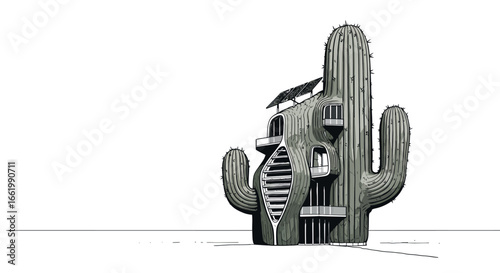 Cactus-shaped sustainable building with solar panels: unique architectural design