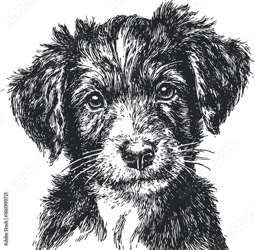 Ink sketch portrait of a young shaggy dog with expressive eyes
