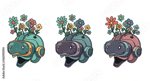 Colorful vr helmets with flowers: a surreal and whimsical digital artwork