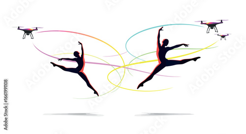 Dynamic dance silhouettes with drones and colorful ribbons in motion