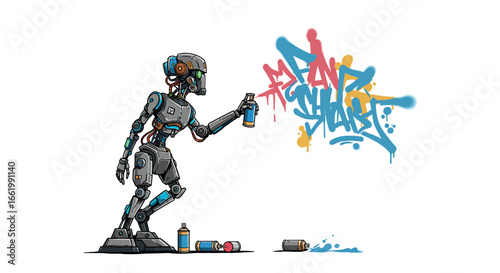 Futuristic robot creating colorful graffiti on wall with spray paint