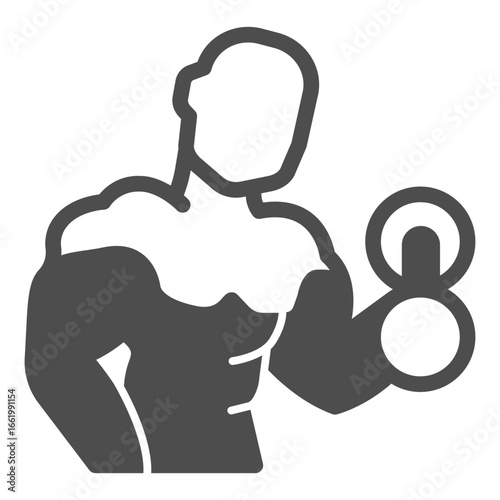 Muscular man with dumbbell solid icon, body building concept. Vector graphics. Athlete with body muscles, training sign on white background, glyph style icon for mobile or web design.