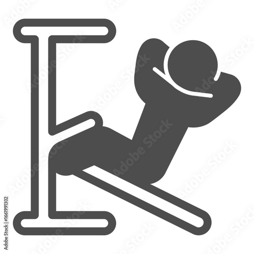 Man with exercise machine solid icon, body building concept. Vector graphics. Athlete man doing abdomen training exercise sign on white background, glyph style icon of mobile or web design.