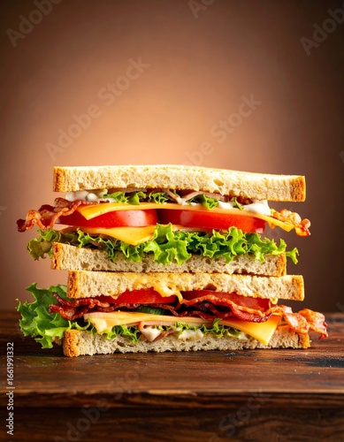 A layered bacon, cheese, and tomato sandwich