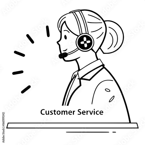"Flat, minimal black line illustration of a support representative, headphones with mic, speaking indicated by short lines near mouth, centered composition, 'CUSTOMER SERVICE' bold lettering below, cl