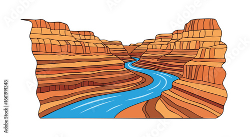 Illustration of a Grand Canyon Landscape with a River, Featuring Geological Rock Formations and Distinct Layering of Sedimentary Strata