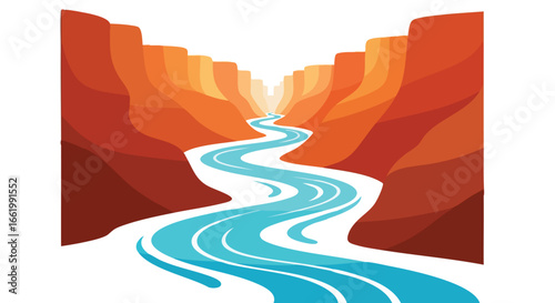 Serene illustration of a canyon landscape featuring a winding turquoise river that brings the majesty of nature to life with a calm riverbed