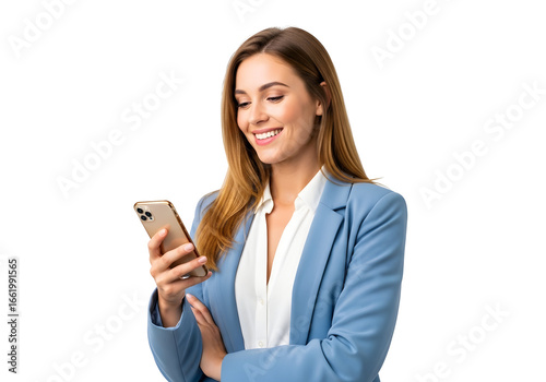 A smiling young woman in a blue blazer joyfully interacts with her mobile phone, reflecting the effortless charm of modern digital communication.