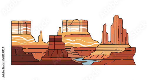 Stylized Grand Canyon Illustration with Vibrant Earth Tones Depicting a Classic Southwestern Landscape with Water