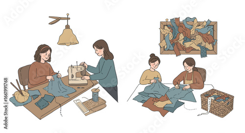 Cozy sewing workshop: women creating patchwork with sewing machine