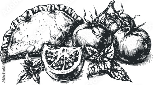 Sketch of Savory Pastry with Tomatoes and Basil Leaves