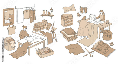Handcrafted sewing workshop with tailors creating patterns and designs