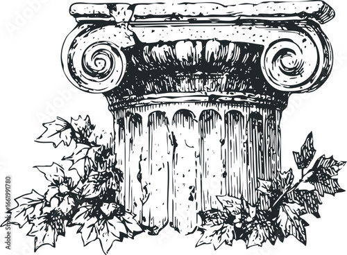Ancient Ionic Column Capital with Foliage Swirls