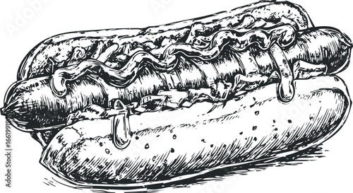 Hand Drawn Sketch of a Hot Dog with Condiments