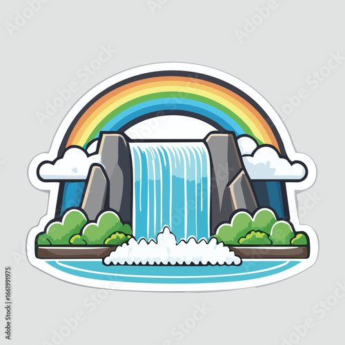 Cartoon illustration of a dam with a rainbow, water flowing, and clouds in the sky.