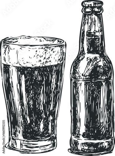 Hand-drawn sketch of frothy beer in a pint glass and a sealed bottle