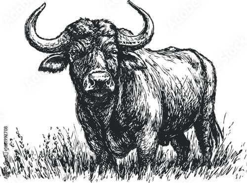 Black and white sketch of a powerful buffalo standing in tall grass