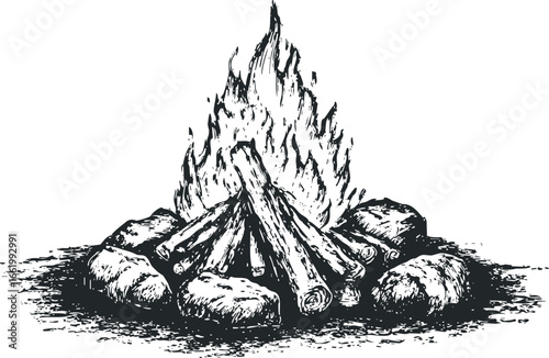 Sketch of a Campfire with Burning Logs and Surrounding Rocks