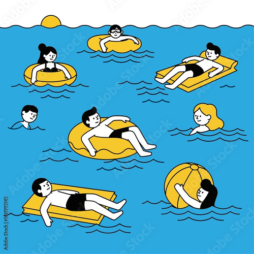 People enjoying summer water activities on a sunny beach.