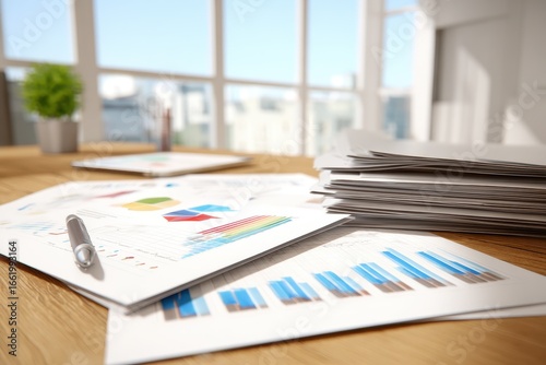 Charts and reports on a desk in a bright office space with large windows overlooking the city skyline during a busy workday