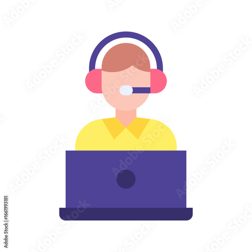 This flat design icon depicts a friendly customer service agent with a headset and laptop ready to provide assistance. Ideal for support pages contact sections or service-related infographics