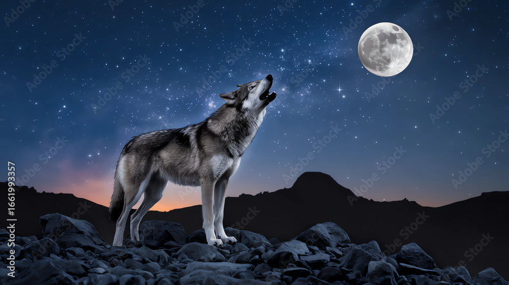 Fototapeta premium A lone wolf howls at the moon under a stunning starry night.