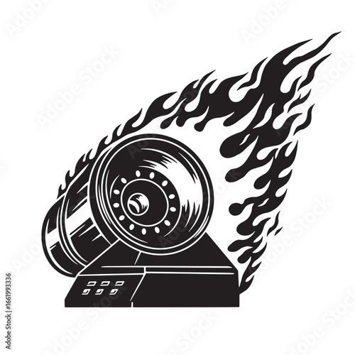 Black and white illustration of burning tire with flames and mechanical design