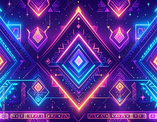 Seamless futuristic tribal fusion pattern, ethnic motifs reimagined with neon glow, modern digital vector, repeating background