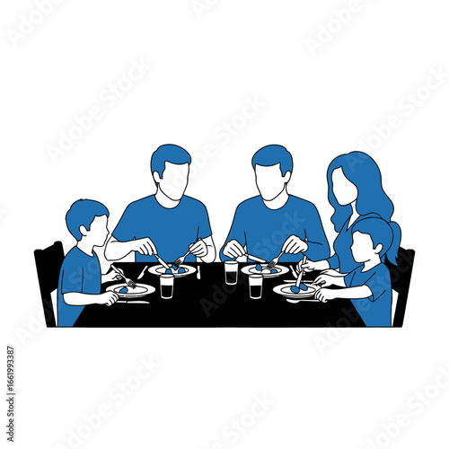 A family of four, including two parents and two children, enjoying a meal together at a dining table.