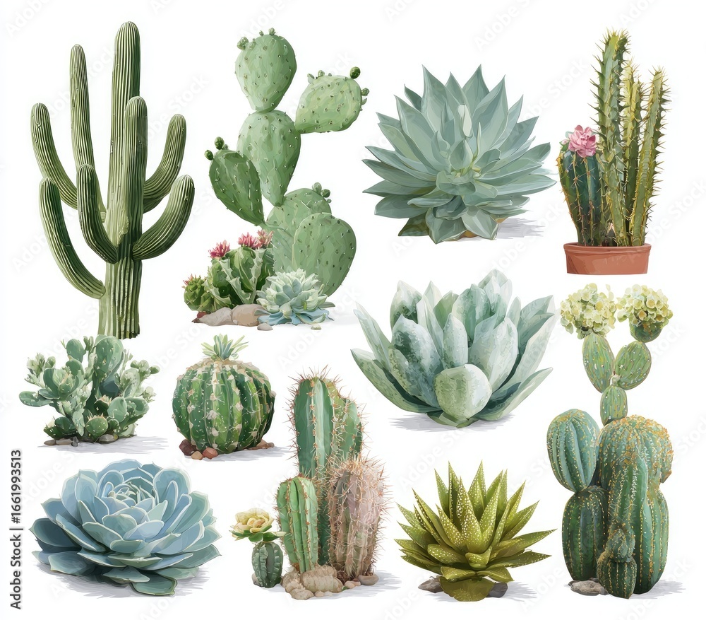 Fototapeta premium A vibrant collection of various cacti and succulents, showcasing diverse shapes, sizes, textures, and subtle bloom variations against a clean white backdrop