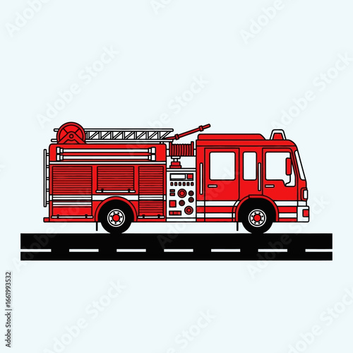 A detailed illustration of a red fire truck with its equipment on a road.