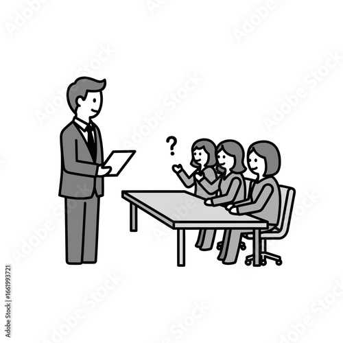 A man in a suit presents to three women at a table, one of whom has a question mark, depicting a business meeting or interview.