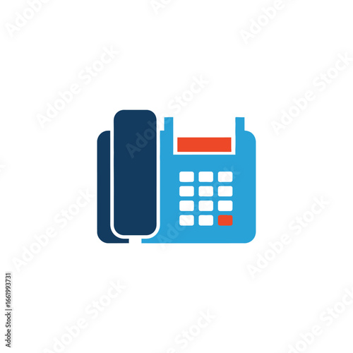 Illustration of a blue landline telephone with a handset and a red button.