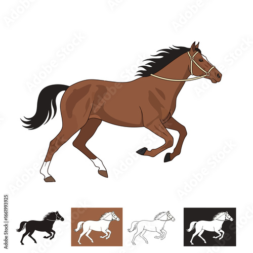 Brown horse galloping with a bridle, depicted in a dynamic side view, with additional color variations below.