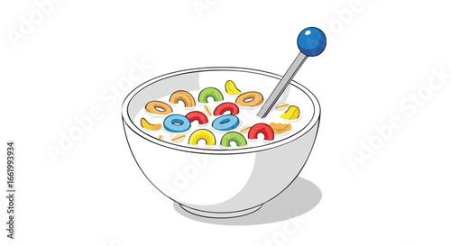 Bowl of colorful cereal rings in milk with a spoon offering a delightful and whimsical start to the day with a classic and playful breakfast