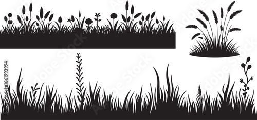 Grass with wild plants silhouette vector set, natural foliage, meadow grass elements, floral design, for landscape decoration vector set