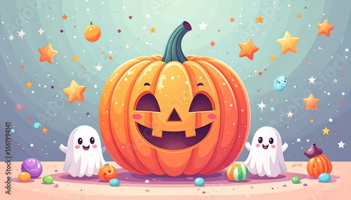 Cute Halloween pumpkin flat vector illustration with smiling face, candy, stars, and bats. Adorable kawaii style design perfect for festive decoration, poster, card, and pattern.