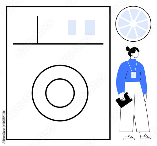 Person standing near a washing machine holding a clipboard, inspecting performance. Ideal for repair services, laundry, maintenance, technology, household tools, modern appliances, simple flat