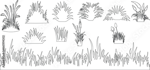 Plant elevation line silhouettes outline - grass, shrub, tree big set vector illustration
