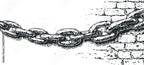 Heavy Metal Chain Links Against Broken Brick Wall